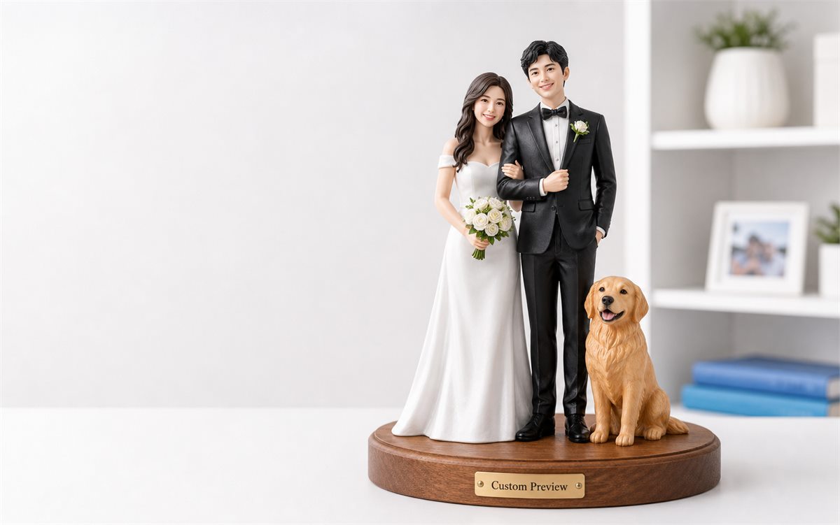 Custom 3D printed wedding couple and pet figurines on a display base