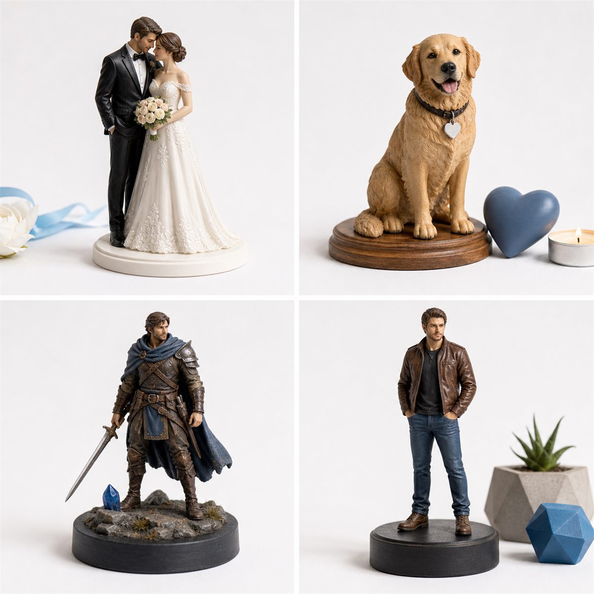 Four custom figurine styles including wedding, pet, gaming, and portrait examples